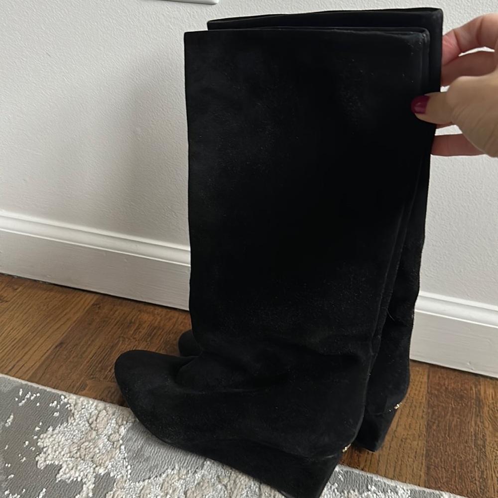 designer black suede wedge boots, beautiful!!!